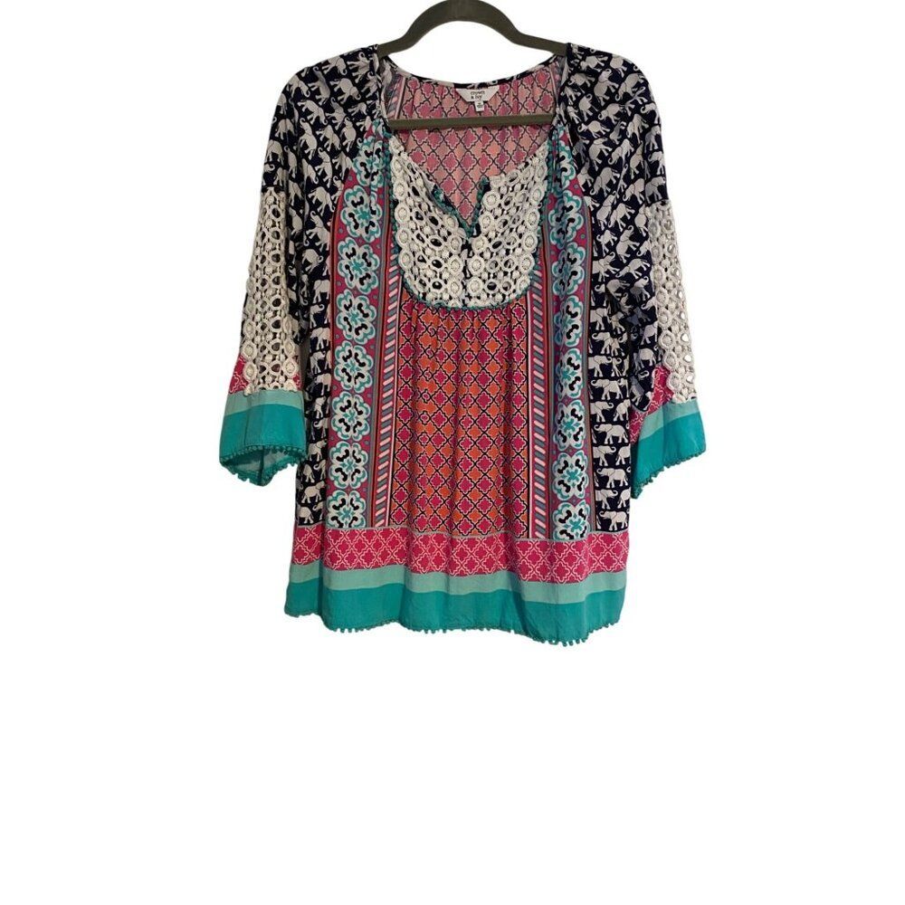 Crown & Ivy Womens Boho Top M Multicolor Elephant Print Pom Poms Rayon Tribal